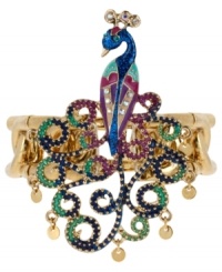 Go ahead and strut in this exotic bracelet from Betsey Johnson. The peacock design is embellished with multi-colored details and crystal accents. Stretches to fit wrist. Crafted in antiqued gold tone mixed metal. Approximate length: 7-1/2 inches. Approximate diameter: 2-1/4 inches.