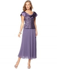 Patra's dress defines evening elegance with a shimmering cowlneck, sparkling beaded bodice and sweeping chiffon shirt.