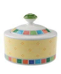 Spice up your tabletop with the Twist Alea covered sugar bowl.  The bright enamel colorblock design is a perfect contrast to the fine white china. Features a vivid band of color along the rim.