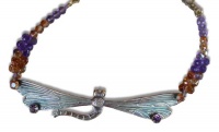 Verdigris Patina Solid Brass Dragonfly Necklace - Copper, Tanzanite Swarovski Crystals and Interlocking Beads