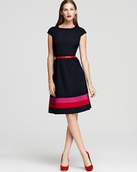 In a retro-inspired swing silhouette, Anne Klein's timeless dress is updated with a bold belt and color blocked hem.