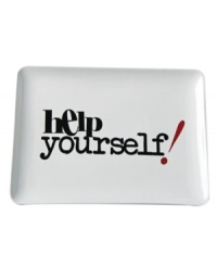 Send a message. Playful black and red type on this platter from Salt&Pepper's Party! serveware and serving dishes collection invites guests to help themselves. Ultra-sturdy porcelain speeds prep and cleanup for added fun.