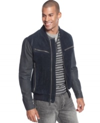 Uniquely rugged. Suit up in this Sean John suede and denim jacket for a look with a streetwise edge. (Clearance)