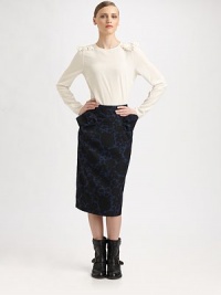 Fitted pencil skirt in a contrasting floral print with structured pocket details for a modern feel. Back zipperRuffle-detail pocketsAbout 27 longPolyesterDry cleanImportedModel shown is 5'11 (178cm) wearing US size 4.