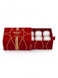 Captures the aroma of a sparkling holiday season. A total of six votives per box fragranced with inviting notes of pomegranate, mandarin orange, pine, cloves and cinnamon. Housed in elegant miniature glass vessels and presented in a red velvet box. Created by Laura Slatkin. Approximately 2 to 3 hours of burn time per votive.