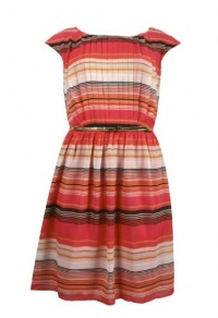 Pleated Front Stripe Chiffon Dress with Gold Belt - Size 16