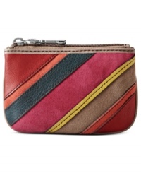 Put your money in something mod, like this vintage-inspired coin purse from Fossil, featuring pretty patchwork of rich leather and smooth suede. Compact yet equipped to safely stow coins, cash, cards and even your favorite lip gloss.