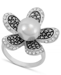 Express a little natural beauty. Genevieve & Grace's intricate flower ring glitters with the addition of marcasite and a glass pearl at center (10 mm). Set in sterling silver. Size 7 and 8.