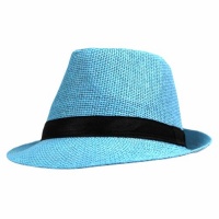 Aqua Blue Lightweight Straw Fedora Hat With Black Hatband