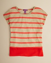 A breezy chiffon hem accents this sparkly metallic striped top.