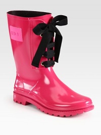 High-shine rainboot has contrasting laces and a height that hits just below the calf. Rubber heel, 1 (25mm)Shaft, 8½Leg circumference, 14Rubber upperLeather liningRubber solePadded insoleMade in Italy