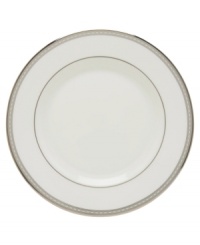 Metropolitan sensibility and modern design combine in this understated white bone china from Lenox's collection of dinnerware and dishes. Platinum gild along the edge is enhanced by a clean, platinum geometric pattern reminiscent of architectural details. Accent plates feature the geometric pattern along the interior verge, with a thin platinum band along the outer rim.