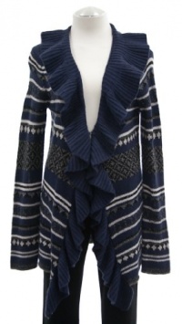 C By Bloomingdale's Navy Combo Wool/Cashmere Ruffle Cardigan Sweater Small