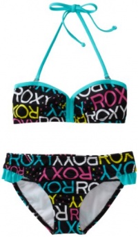 Roxy Kids Girls 7-16 Roxy Marks The Spot Print Ruffle Bandeau 2 Piece Swimsuit Set, New Black, 8