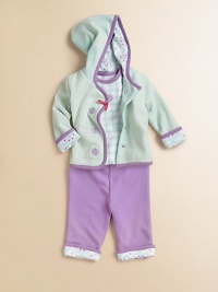 An essential three-piece set includes a crystal-embroidered hoodie and sweatpants with crystal lining, plus a polka dot bodysuit for an ultra-soft