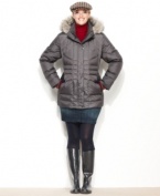 A puffer that shapes your silhouette? Clever channel quilting creates a flattering look on London Fog's plus size parka. Faux fur trim adds a luxe touch.