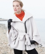 Calvin Klein gives a refined, minimalist look to plus size outerwear with this chic cape. The faux-leather trim adds appealing edge.