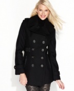 Turn up the style volume with this fab wool-blend pea coat from Miss Sixty. Featuring faux-leather details and a back-facing belt, this look is ready to rock the winter cold!