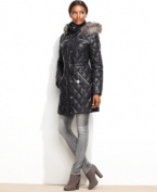 Cute diamond-pattern quilting and faux fur trim give GUESS' puffer coat a luxe look. Wear it with the zip-off hood on extra-cold days!