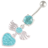 14 Gauge (1.6mm), 3/8 Inch (10mm) [ Heart with wings ] [ Aquamarine ] Swarovski Crystal Ferido dangle belly dangling navel button ring dangly bar piercing ASFB - Pierced Jewellery Body Piercing Jewelry