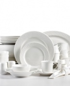 Graced with an refined, embossed pattern, this Gibson dinnerware set exudes an understated elegance, going from casual to formal affairs with the utmost ease. Dishwasher and microwave safe.