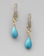 Smooth teardrops of richly hued turquoise with diamond accents are ready to hang from your favorite hoops. Diamonds, 0.03 tcw Turquoise 18k yellow gold Drop, about ¾ Spring ring clasp Imported Please note: Earrings sold separately.