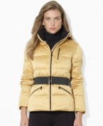 A modernized classic, Lauren Ralph Lauren's mockneck down coat is given a chic belt for a slimming and stylish look.