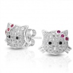 Bling Jewelry Micropave CZ Cool Kitty Girls Silver Stud Earrings Ruby Color Bow