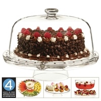 The 4-in-1 cake set can change to suit your many entertaining needs. It converts to a Footed Domed Cake Plate, a Punch Bowl, a 5 Section Chip and Dip and a Footed Cake Plate. You'll be set for any occasion. Dishwasher friendly.