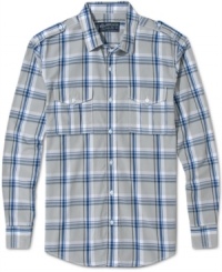 Epaulets and chest pockets add a bit of military snap to this long-sleeved plaid shirt from American Rag.