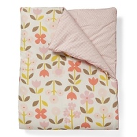 Blossoms in pink, peach and coral with green and grey leaves on a white background reverses to a fun pink and white dot pattern.The American Academy of Pediatrics and the U.S. Consumer Product Safety Commission have made recommendations for safe bedding practices for babies. When putting infants under 12 months to sleep, remove pillows, quilts, comforters, and other soft items from the crib.