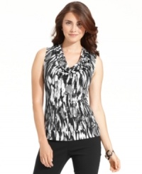 This versatile sleeveless petite top from Alfani features a cool graphic-print and flattering cowl neckline. Pair it with with skirts, jeans, pants and more!