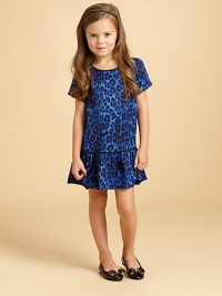 Bright cheetah spots are eye-catching in an effortless little woven dress with a dropped waist.Round contrast necklineShort sleeves, softly gathered at the shouldersKeyhole button back closeDropped waist with contrast pipingFront pocketsGathered full skirtPolyesterMachine washImported