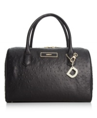 Opt for elegance in your everyday accessorizing with this chic satchel from DKNY. Luxe ostrich-embossed leather is accented with golden hardware and signature charm, while the roomy interior stows essentials with ease.