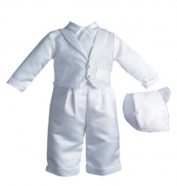 Lauren Madison baby boy Christening Baptism Special occasion Infant Cross Dobby Vest Set With Pleated Satin Long Pants, White, 6-9 Months