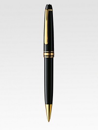 Ballpoint pen with twist mechanism, with barrel and cap made of precious resin and floating logo emblem.BallpointGold-plated clipResin with inlaid logo emblemAbout 5¼ longImported