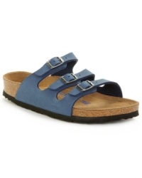 Triple the comfort with the always-stylish Birkenstock. This Florida sandal features Birkibuc -- a textured material made of acrylic and polyamide felt fibers -- for the look and feel of velvety nubuck. With a unique triple-strap design and ultra-comfy footbed.