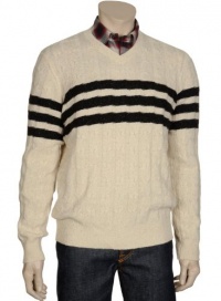 Vince Mens Cabled V-Neck Wool Beige Sweater Black Stripe Long Sleeves