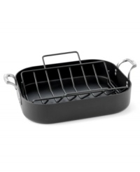 Make every night a special occasion with the Calphalon Unison nonstick oven roaster. The specially textured Sear nonstick surface helps seal in flavor, perfect for roasts, pan gravy and lasagna, while the included V-Rack allows heat to circulate 360-degrees around your food for crisp, beautifully browned poultry and meat. Lifetime warranty.