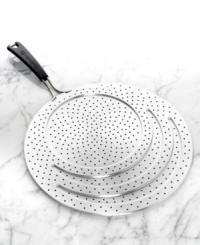 Get in and out of the kitchen quick with a stainless steel splatter guard that keeps your food where it belongs-in the pan! The universal guard fits 8 to 13 pans, featuring a perforated design that eliminates mess and has a stay-cool silicone handle for easy use. 10-year warranty.