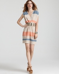 Akiko Dress - Belted Striped V Neck