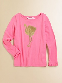 A golden flamingo sparkles the front of this soft knit tee, dressed up with ruffled cuffs.BoatneckLong sleeves with ruffled cuffsCotton/ModalMachine washImported