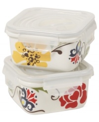 Adorned with folksy florals, the Jardine square storage containers by Eva Mendes spruce up leftovers with colorful fresh-for-spring style. Featuring durable white porcelain and plastic snap-on lids for easy heating and cleaning.