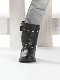 Supple leather boots adorned with studs and adjustable buckle strap.Side zipperLeather upperLeather liningRubber solePadded insoleImported