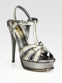 Bands of metallic leather shape this lust-worthy design, with a towering heel and adjustable ankle strap. Self-covered heel, 5¼ (130mm)Covered platform, 1 (25mm)Compares to a 4¼ heel (110mm)Metallic leather upperLeather lining and solePadded insoleMade in ItalyOUR FIT MODEL RECOMMENDS ordering one half size up as this style runs small. 