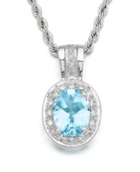 A graceful pendant that's dazzling to behold. An oval-cut aquamarine (2-1/5 ct. t.w.) is surrounded by sparkling round-cut diamonds (1/3 ct. t.w.). Set in 14k white gold. Rope chain measures 18 inches.