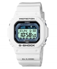 Sport style and comfort with this sporty watch by G-Shock. White resin strap and square case. Shock-resistant digital dial with auto el backlight with afterglow and 48-city world time. Quartz movement. Water resistant to 200 meters. One-year limited warranty.