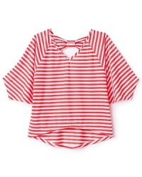 Nautical stripes in a coral-reef hue are embellished with dolman sleeves and a keyhole back finished with a big bow. So cute with shorts.