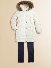 She'll brave the elements in style in this down-filled, quilted anorak design featuring ribbed knit cuffs