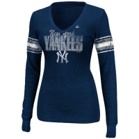 MLB Womens New York Yankees Earned Run Athletic Navy Heather Long Sleeve Deep V-Neck Tee By Majestic